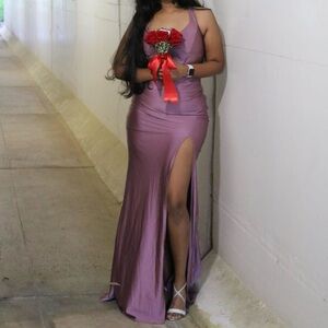 Emerald Sundae Mauve Halter Prom Gown with High Slit